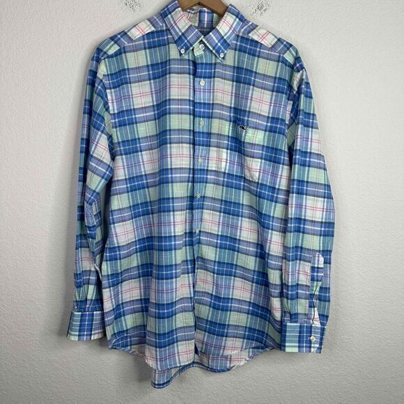 Vineyard Vines Shirt Mens L Blue Plaid Classic Tucker Button Down Preppy Coastal - Picture 1 of 8